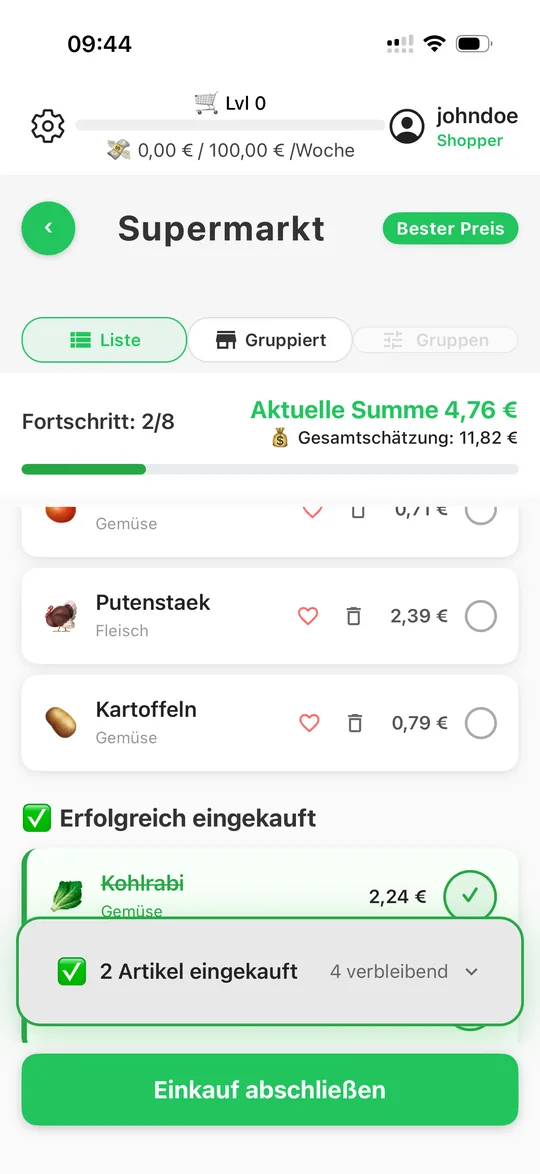 CartPro: Einkaufsliste mit Kategorien und Preisen