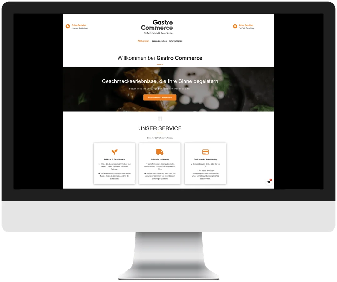 Gastro Commerce auf dem Desktop: Willkommen, Speisekarte und Bestellen