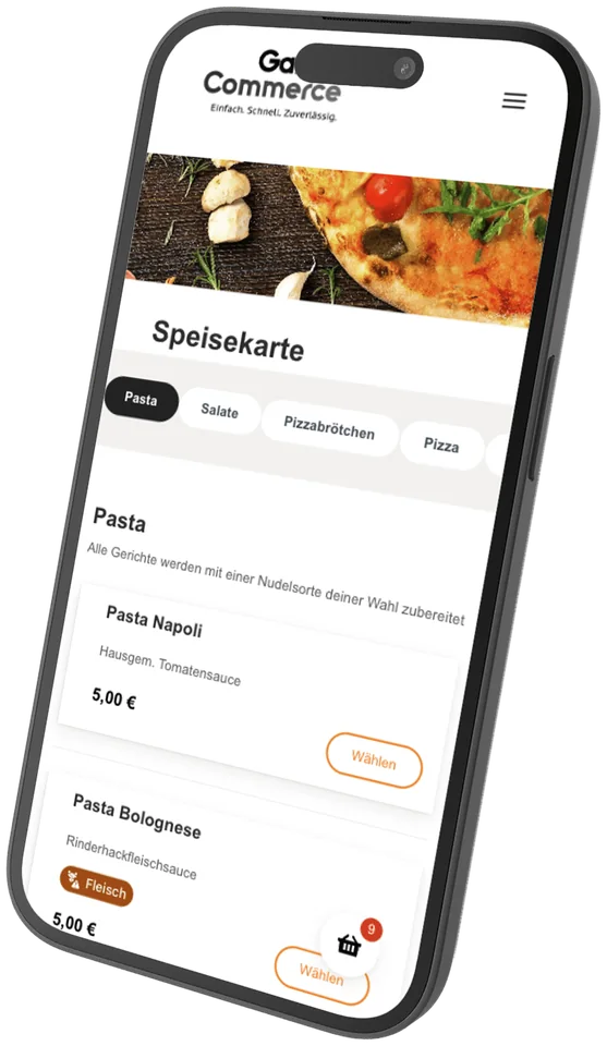Gastro Commerce auf dem Smartphone: Speisekarte mit Pasta-Gerichten