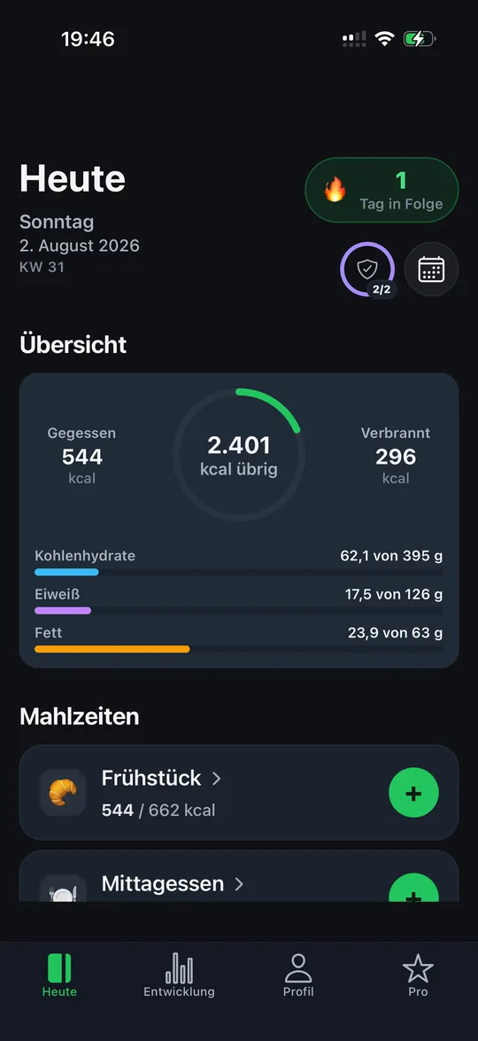 Nutrii: Tagesübersicht mit Kalorien und Makros