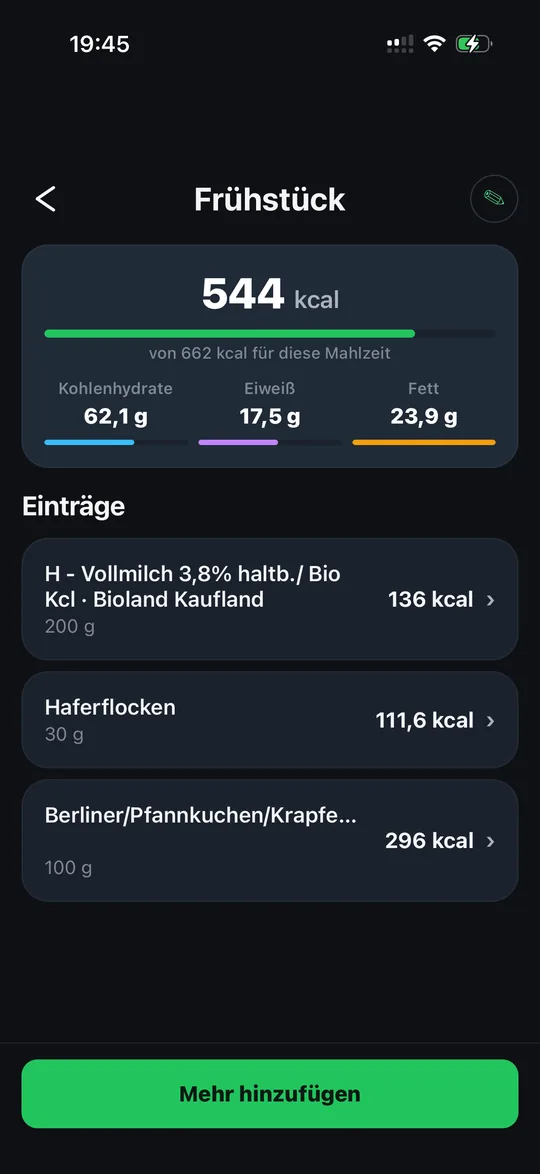Nutrii Mahlzeit mit Nährwerten